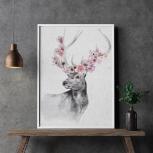 Poster de cerfs noirs et blancs en fleurs
