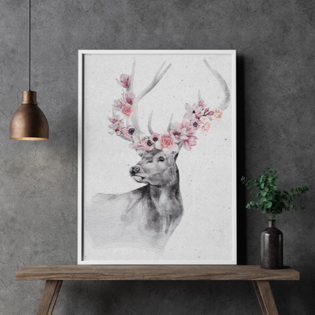 Poster de cerfs noirs et blancs en fleurs (Créateur téléchargé)
