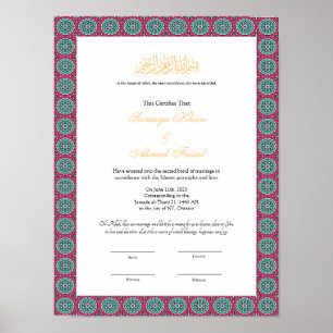 poster de certificat de nikkah musulman cadre roug