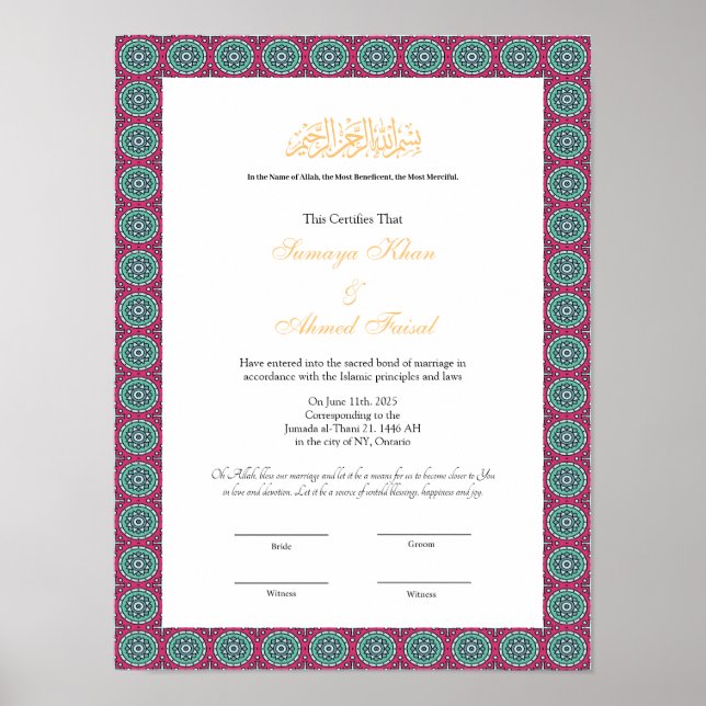 poster de certificat de nikkah musulman cadre roug (Devant)