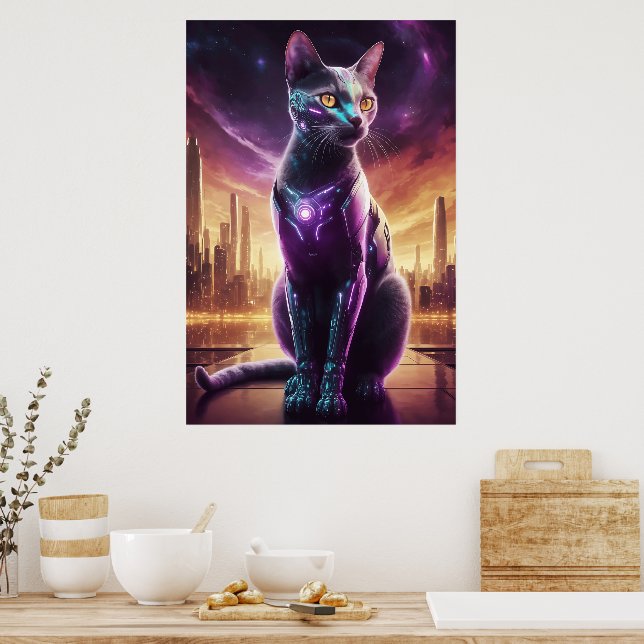 Poster de chat Cyber - Feline Futuriste Sci-Fi (Cuisine)