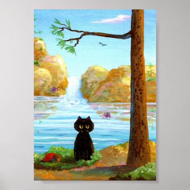 Poster de chat noir amusant Imprimer Waterfall Lak (Devant)