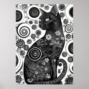 Poster de chat noir et blanc inspiré par Gustav Kl