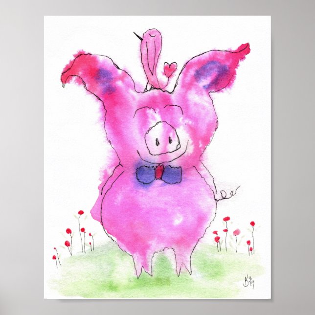 Poster de cochon rose mignon et d'oiseau 8x10" (Devant)