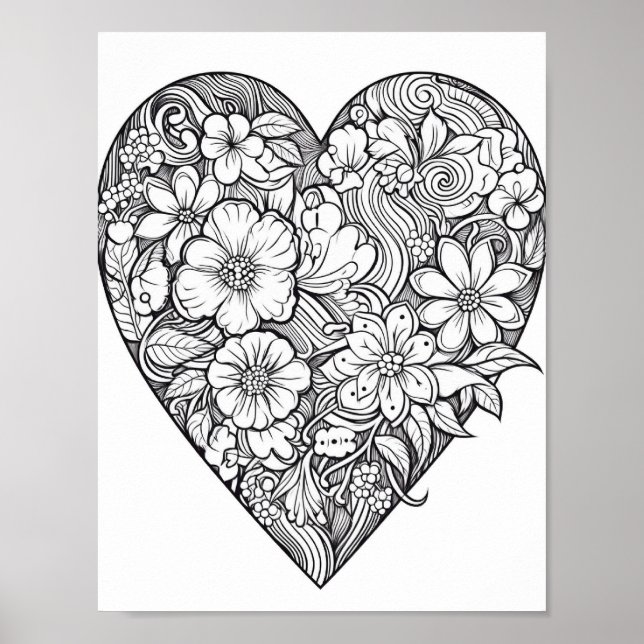 Poster de coloriage du coeur floral (Devant)