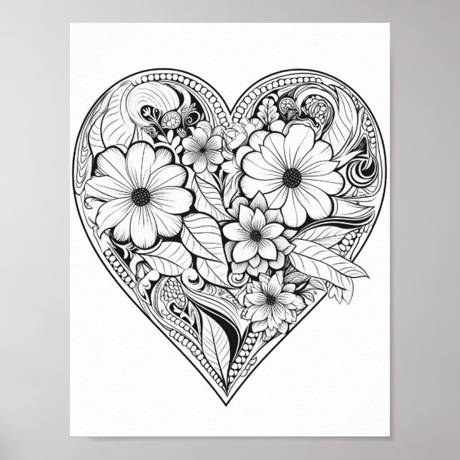 Poster de coloriage du coeur floral (Devant)