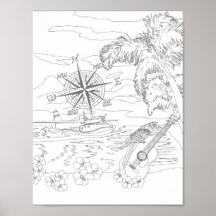 Poster de coloriage pour adultes de l'île tropical