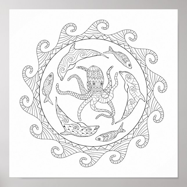 Poster de coloriage pour adultes Sea Life (Devant)