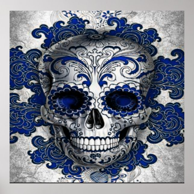 Poster de crâne de sucre en bleu (Devant)
