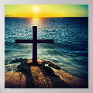 Poster de croix dans le sable au coucher du soleil