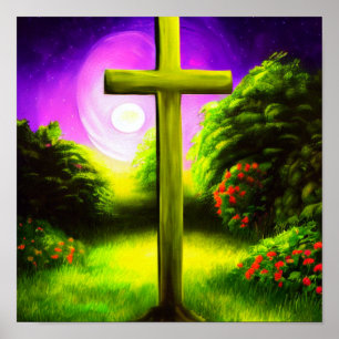 Poster de croix dans un jardin de nuit