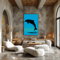 Poster de dauphin - Silhouette noire sur bleu