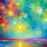 Poster de Dawn en mer<br><div class="desc">Cette belle affiche montre une aube étonnante au-dessus de l'océan, avec des coups de pinceau forts qui créent un sentiment de mouvement et d'instabilité. Les couleurs sont vives et vibrantes, ce qui donne vie à la scène avec énergie et beauté. Les rouges vifs, les verts, les jaunes et les violets...</div>