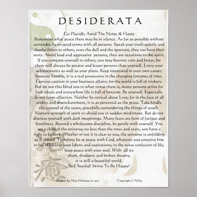 Poster de Desiderata=Méditer Yoga Yin Yang Design (Devant)