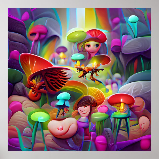 Poster de dessin animé de champignons et fées (Devant)