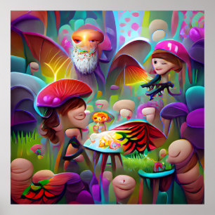 Poster de dessin animé de champignons et fées