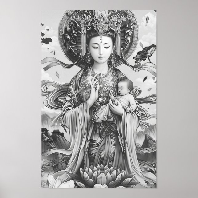 Poster de dessin de la ligne de déesse - Art noir  (Devant)