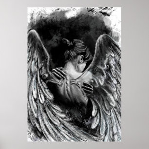 Poster de fille d'ange - Peinture noire et blanche
