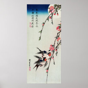 Poster de fleurs de lune, d'hirondelles et de pêch