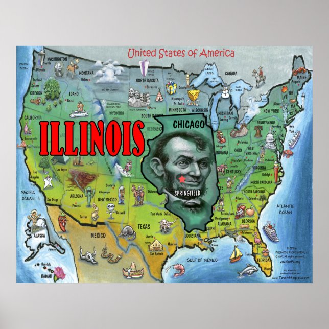 Poster de la carte de l'Illinois USA (Devant)