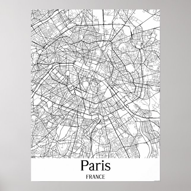 Poster de la carte de Paris France en noir et blan (Devant)