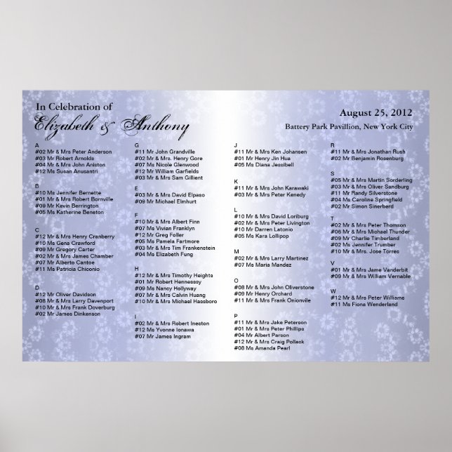 Poster de la carte de siège mariage Floral bleu (Devant)