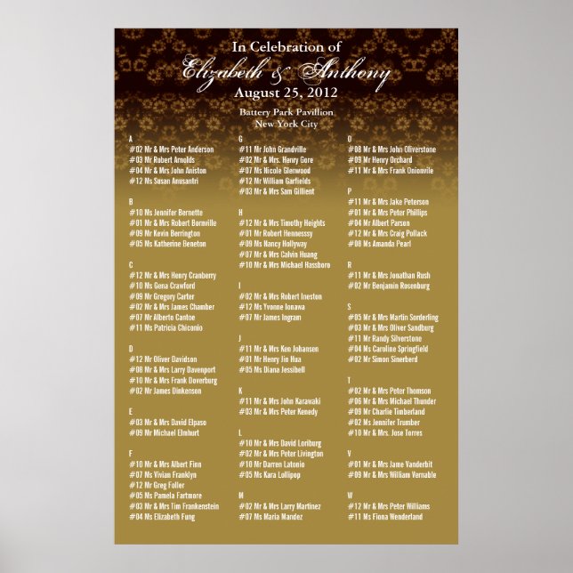 Poster de la carte de siège mariage Gold Floral (Devant)