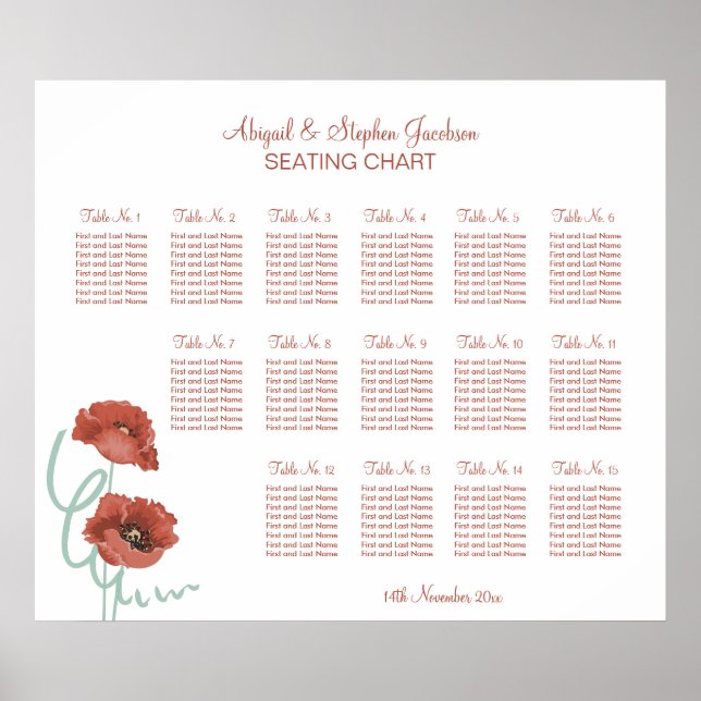 Poster de la carte de siège Mariage Red Peonies (Devant)