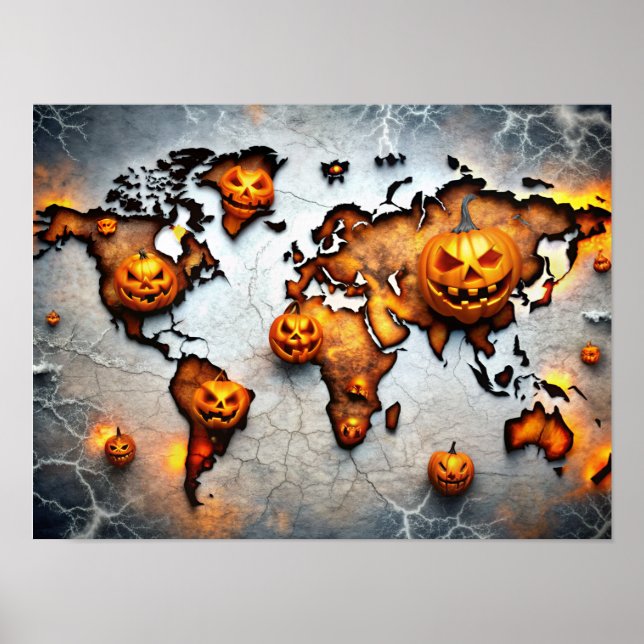 Poster de la carte du monde d'Halloween Citrouille (Devant)