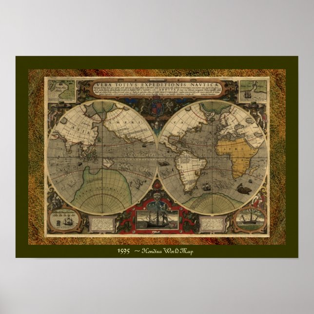 Poster de la carte historique "1595 Carte mondiale (Devant)