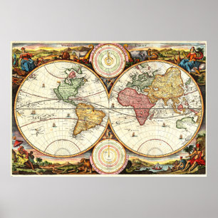 Poster de la carte mondiale vintage 1730