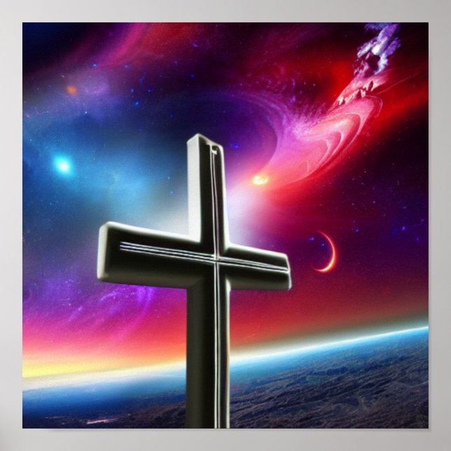 Poster de la Croix Blanche au-dessus de l'eau bleu (Devant)