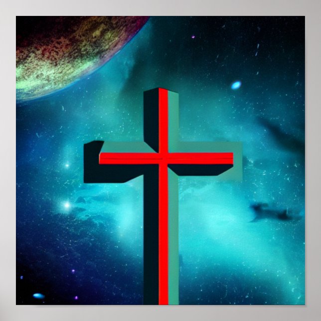 Poster de la Croix Rouge et Turquoise dans l'espac (Devant)