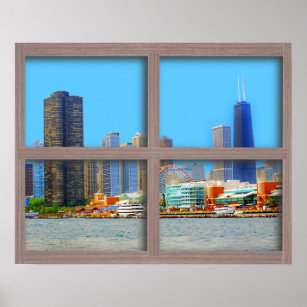 Poster de la fenêtre en bois du panneau Chicago Sk