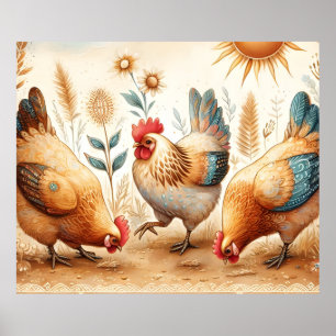 Poster de la ferme rustique Barnyard Chickens Boho
