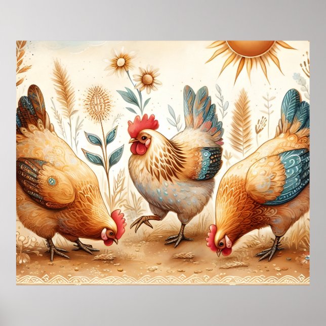 Poster de la ferme rustique Barnyard Chickens Boho (Devant)