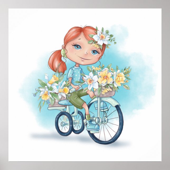 Poster de la fille à vélo avec fleurs (Devant)