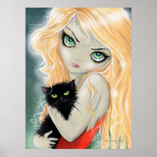 Poster de la fille avec chat noir Imprimer