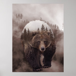Poster de la forêt à double exposition de l'ours B