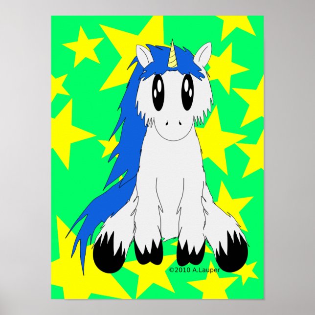 Poster de la licorne Cute Scruffy (bleu) (Devant)