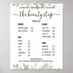 Poster de la liste de prix du salon de ongles