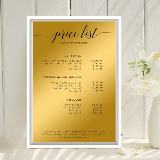 Poster de la liste de prix du salon moderne, or (I (Modern, Gold (Imitate) Salon Price List Poster Template. Print & Download Available.)