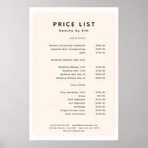 Poster de la liste de prix du salon moderne, tenda