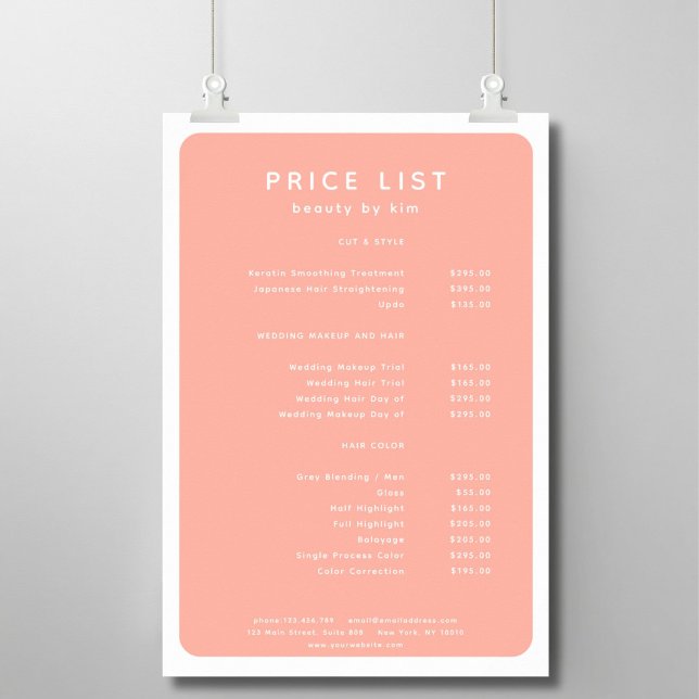 Poster de la liste de prix du salon moderne, tenda (Modern, simple, salon price list, peach - white. Prints & instant downloads.)