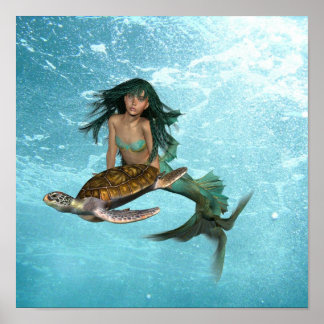 Poster de la sirène avec tortue de mer
