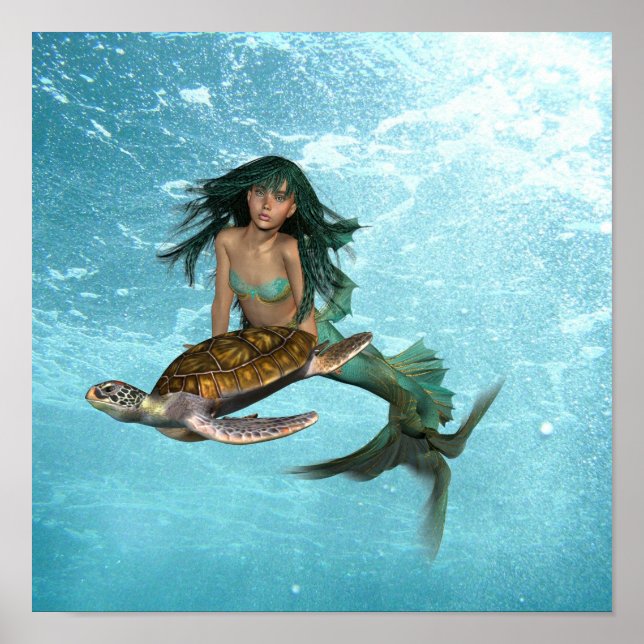 Poster de la sirène avec tortue de mer (Devant)
