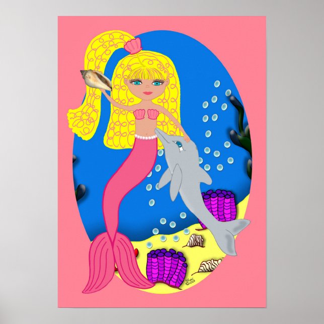 Poster de la sirène rose et du dauphin (Devant)