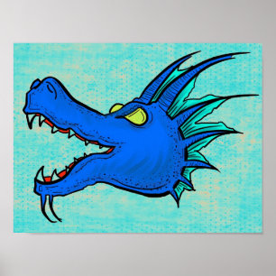 Poster de la tête d'art du dragon bleu néon