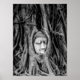 Poster de la tête de bouddha Thaïlande noir et bla