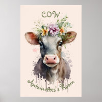 Poster de la vache à l'aquarelle mignonne